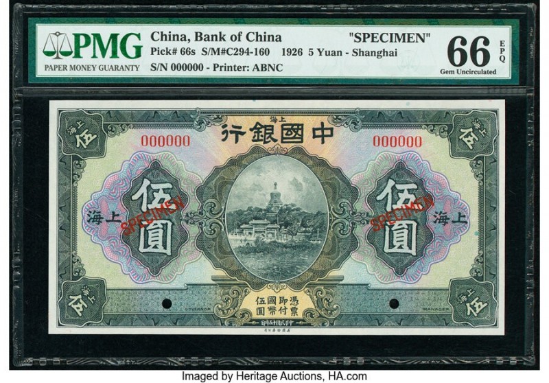 China Bank of China, Shanghai 5 Yuan 1926 Pick 66s S/M#C294-160 Specimen PMG Gem...