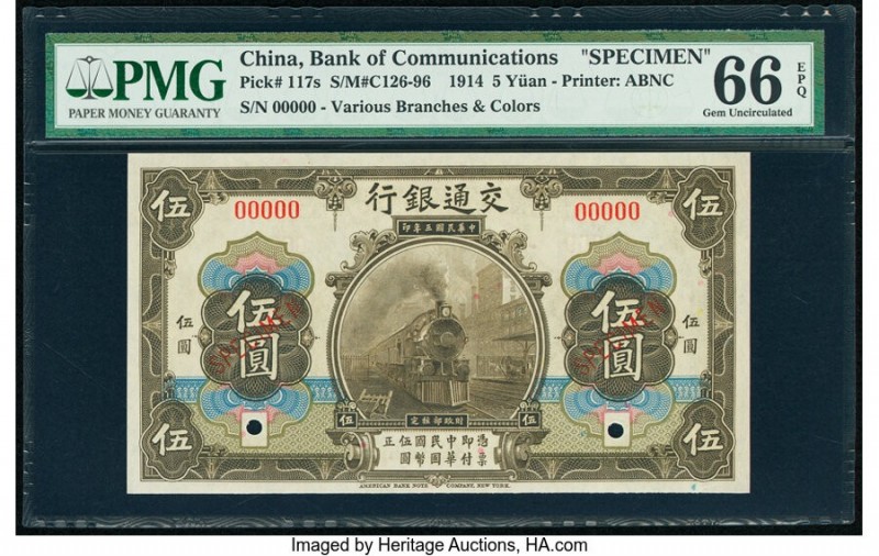 China Bank of Communications 5 Yuan 1.10.1914 Pick 117s S/M#C126 Specimen PMG Ge...
