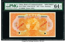 China Bank of Communications, Shantung 1 Yuan 1927 Pick 145Bas S/M#C126-194 Specimen PMG Choice Uncirculated 64 EPQ. Two POCs, as made wrinkle noted.
...