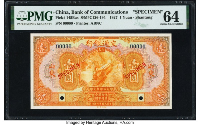 China Bank of Communications, Shantung 1 Yuan 1927 Pick 145Bas S/M#C126-194 Spec...