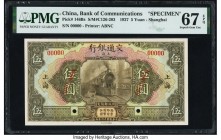 China Bank of Communications, Shanghai 5 Yuan 1927 Pick 146Bs S/M#C126-203 Specimen PMG Superb Gem Unc 67 EPQ. Printer's annotations.

HID07501242017
...