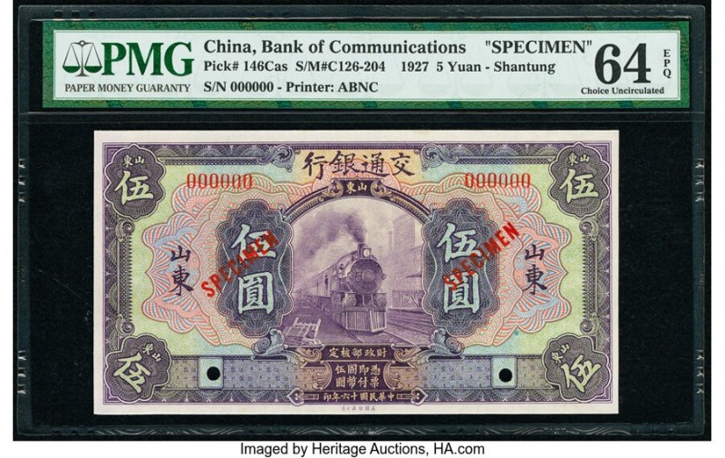 China Bank of Communications, Shantung 5 Yuan 1.11.1927 Pick 146Cas S/M#C126-204...