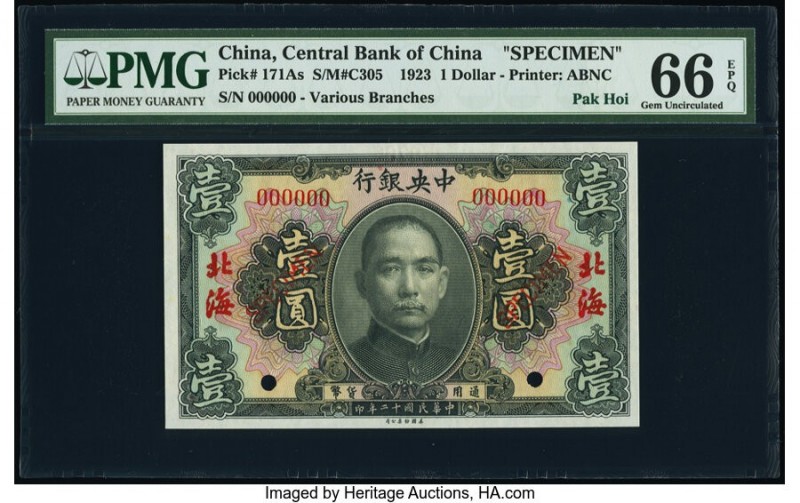 China Central Bank of China, Pak Hoi 1 Dollar 1923 Pick 171As S/M#C305 Specimen ...