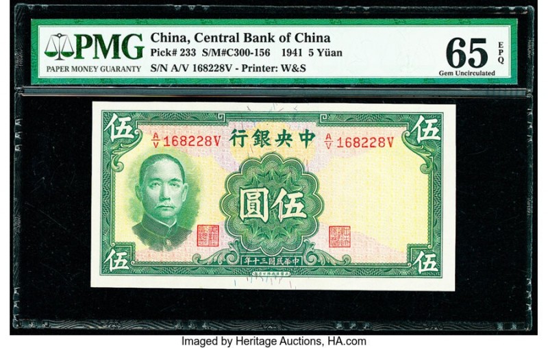 China Central Bank of China 5 Yuan 1941 Pick 233 S/M#C300-156 PMG Gem Uncirculat...