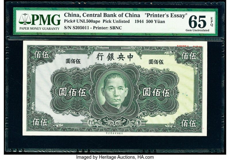 China Central Bank of China 500 Yuan 1944 Pick UNL Printer's Essay PMG Gem Uncir...