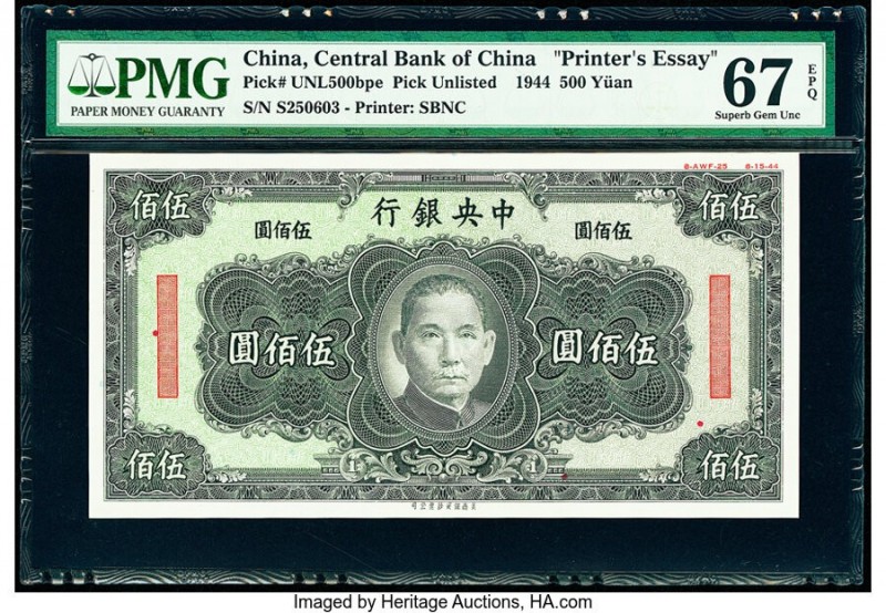 China Central Bank of China 500 Yuan 1944 Pick UNL Printer's Essay PMG Superb Ge...