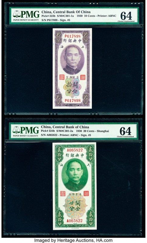 China Central Bank of China 10; 20 Cents 1930 Pick 323b; 324b Two Examples PMG C...