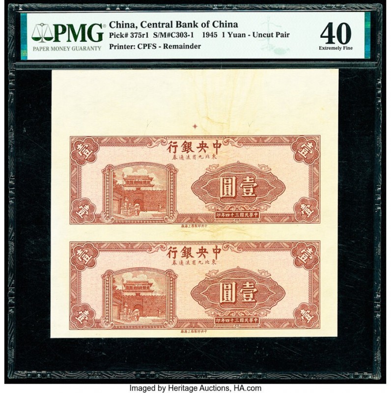 China Central Bank of China 1 Yuan 1945 Pick 375r1 S/M#C303-1 Remainder Uncut Pa...