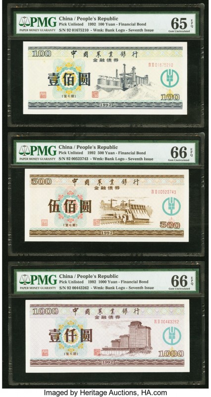 China People's Republic 100; 500; 1000 Yuan 1992 Pick UNL Three Financial Bonds ...