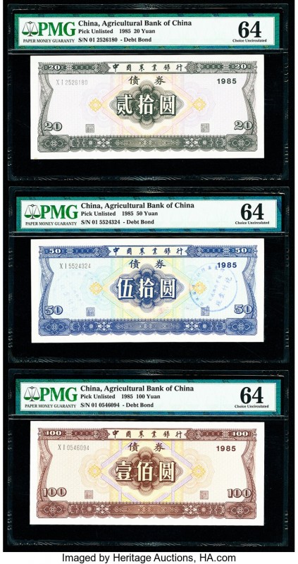 China Agricultural Bank of China 20; 50; 100 Yuan 1985 Pick UNL Three Debt Bonds...