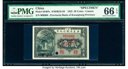 China Provincial Bank of Kwangtung Province, Canton 20 Cents 1.1.1922 Pick S2407s S/M#K55-30 Specimen PMG Gem Uncirculated 66 EPQ. One POC.

HID075012...