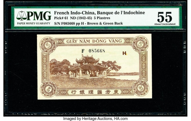 French Indochina Banque de l'Indo-Chine 5 Piastres ND (1942-45) Pick 61 PMG Abou...