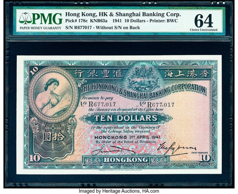 Hong Kong Hongkong & Shanghai Banking Corp. 10 Dollars 1.4.1941 Pick 178c KNB63a...