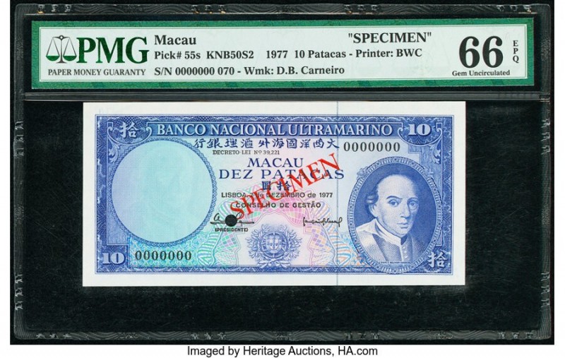 Macau Banco Nacional Ultramarino 10 Patacas 7.12.1977 Pick 55s KNB50S2 Specimen ...