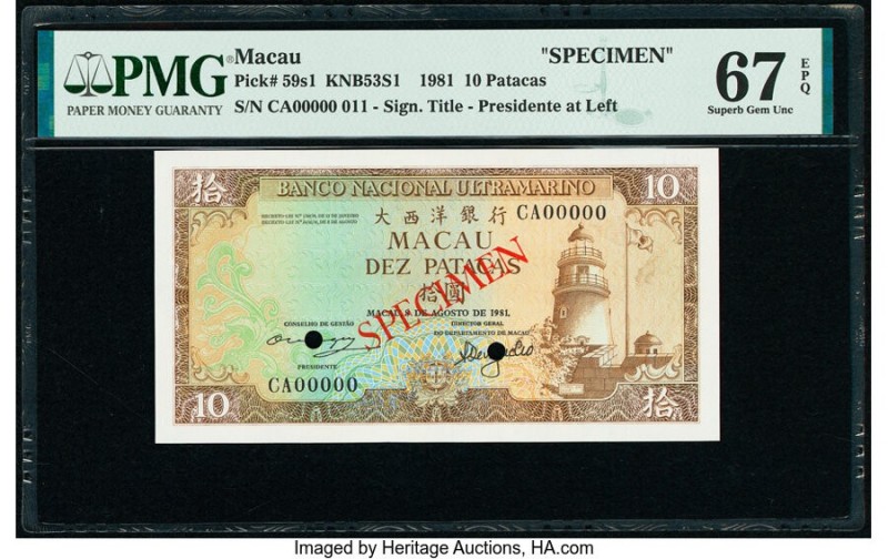 Macau Banco Nacional Ultramarino 10 Patacas 1981 Pick 59s1 KNB53S1 Specimen PMG ...