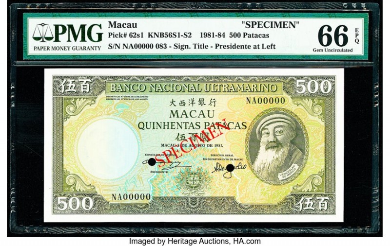 Macau Banco Nacional Ultramarino 500 Patacas 8.8.1981 Pick 62s2 KNB56S Specimen ...