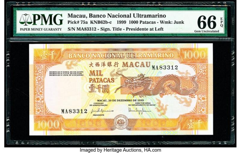 Macau Banco Nacional Ultramarino 1000 Patacas 20.12.1999 Pick 75a KNB62 PMG Gem ...