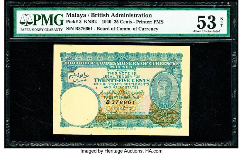 Malaya Board of Commissioners of Currency 25 Cents 1.9.1940 Pick 3 KNB2 PMG Abou...