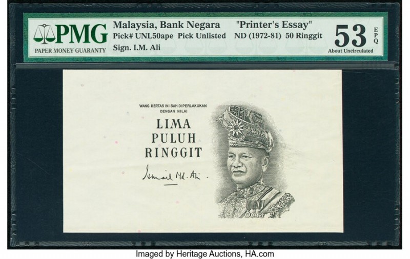 Malaysia Bank Negara 50 Ringgit ND (1972-81) Pick UNL50ape Printer's Essay PMG A...