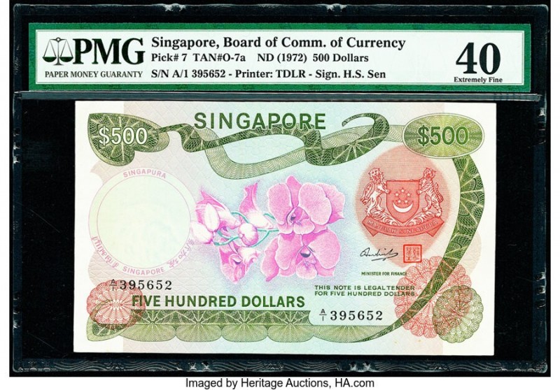 Singapore Board of Commissioners of Currency 500 Dollars ND (1972) Pick 7 TAN#O-...