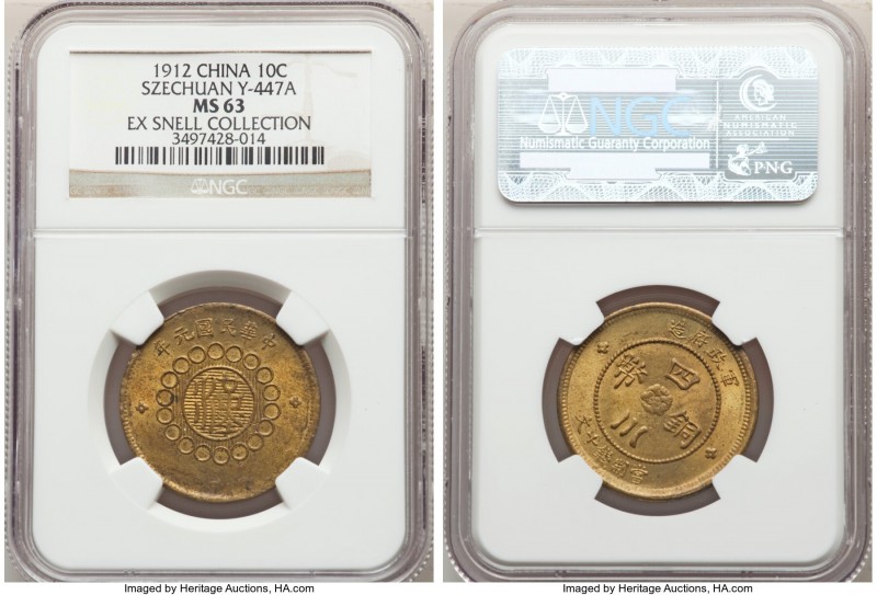 Szechuan. Republic brass 10 Cash Year 1 (1912) MS63 NGC, KM-Y447a. Two rosettes ...