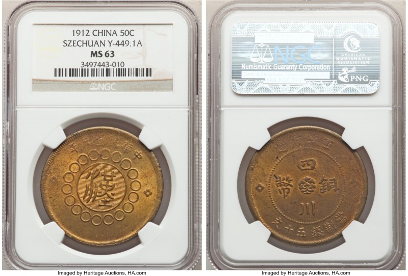 Szechuan. Republic brass 50 Cash Year 1 (1912) MS63 NGC, KM-Y449.1a. Full mint b...