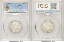 Republic Yuan Shih-kai 20 Cents Year 5 (1916) XF45 PCGS, KM-Y327, L&M-74. A fetching, lightly handled fractional silver issue from the popular Yuan Sh...