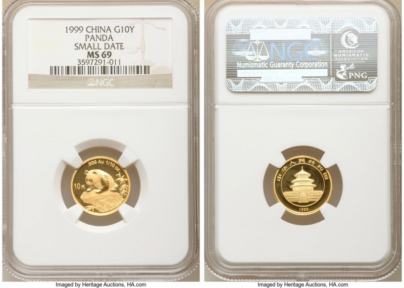 People's Republic gold "Small Date" Panda 10 Yuan (1/10 oz) 1999 MS69 NGC, KM121...