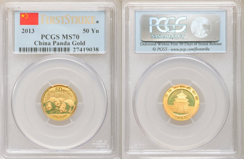 People's Republic gold Panda 50 Yuan (1/10 oz) 2013 MS70 PCGS, KM-Unl. First Str...