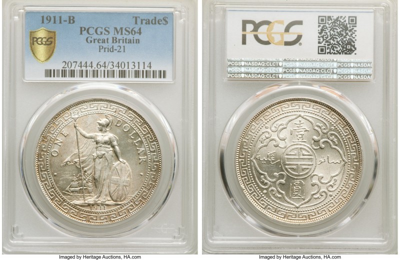 George V Trade Dollar 1911-B MS64 PCGS, Bombay mint, KM-T5, Prid-21. Near-gem an...