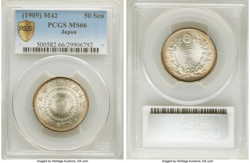 Meiji 50 Sen Year 42 (1909) MS66 PCGS, KM-Y31. A radiant gem decorated in soft a...