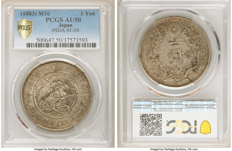 Meiji Yen Year 16 (1883) AU50 PCGS, KM-YA25.2, JNDA 01-10. Gently circulated and...