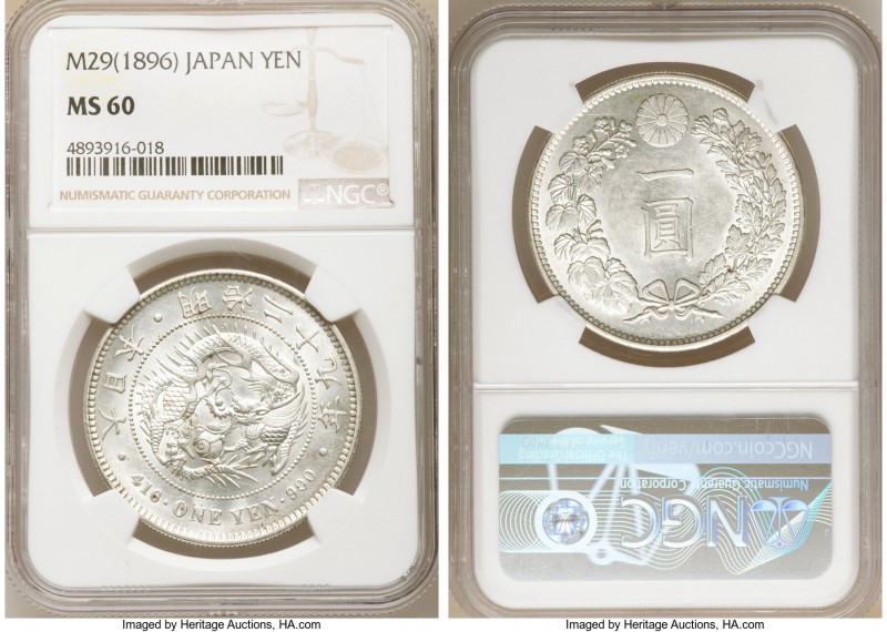 Meiji Yen Year 29 (1896) MS60 NGC, KM-YA25.3. Fetching watery fields decorate th...