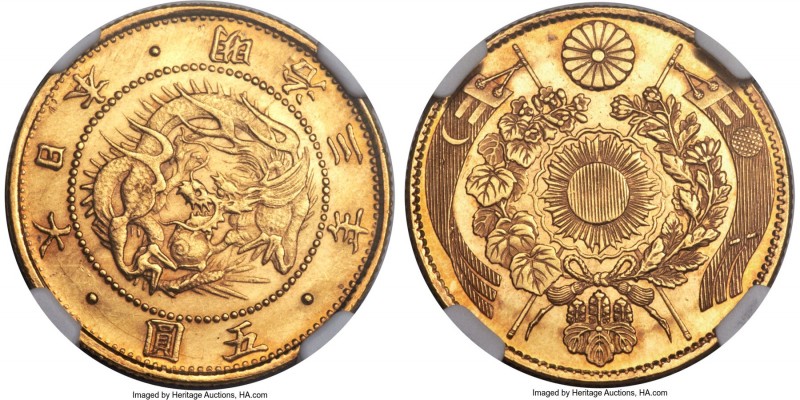 Meiji gold 5 Yen Year 3 (1870) MS64 NGC, Osaka mint, KM-Y11, Fr-47, JNDA 01-3. A...