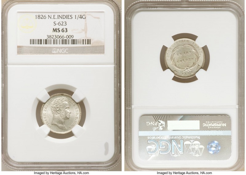 Dutch Colony. Willem I 1/4 Gulden 1826-(u) MS63 NGC, Utrecht mint, KM301.1. Lust...