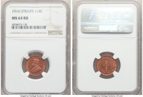 British Colony. George V 1/4 Cent 1916 MS64 Red and Brown NGC, KM27. Near-gem with boisterous red surfaces tinged with light flecks of lilac toning.

...