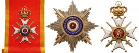 Germany – Lippe-Detmold
Princely Houseorder, 1869
A Grand Cross Set with Swords: sash Badge, 96x68 mm, in gilt Silver, enameled, superimposed centra...