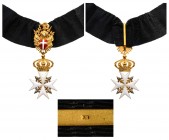 MALTA
Sovereign Order of Malta
A Knight’s Badge in GOLD (mark “18K” to the reverse of the ribbon ring),125x45 mm, 
white enameled cross with toned ...