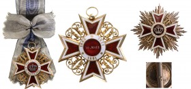 ROMANIA
Order of the Crown of Romania, 1881
Grand Cross Set for Ladies, 1st Type, Civil. Sash Badge, 78 mm, Silver gilt, enameled, original suspensi...