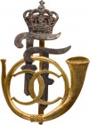 ROMANIA
Badge of the 1st Riflemen Regiment-Prince Ferdinand
Breast Badge, 51x48 mm, gilt Silver, vertical pin on the back. M.S.R.B 377. Extremely ra...