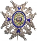 SPAIN
Order of Charles III
A jewelled Numerary Commander’s Breast Star, 80x77 mm, diamond-cut chiselled silver 
cross flanked by fleurs-de-lys, the...