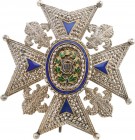 SPAIN
Order of Charles III
A Commander’s Breast star, 77x73 mm, with chiseled and pierced arms with blue 
enameled details, flanked by fleurs de ly...