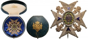 SPAIN
Order of Charles III
A Commander’s breast star of reduced size, 66x61mm, with chiselled and pierced arms and blue enameled, 
gold details; ce...