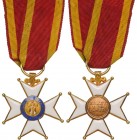 SPAIN
Military Order of St. Ferdinand
A Knight’s Cross in GOLD, 30x27 mm, white enameled cross; centre also in gold with polychrome enameled image o...