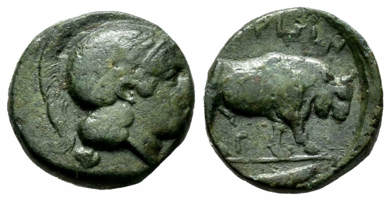 Lucania. Thourioi. AE 14. 435-405 BC. (HN Italy-1904). Anv.: Head of Athena righ...