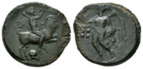 Sicily. Himera. Hemilitron. 420-407 BC. (Hgc-2, 474). (Calciati-I, 27/1). Anv.: Pan, blowing into conch shell and holding lagobolon, riding goat sprin...