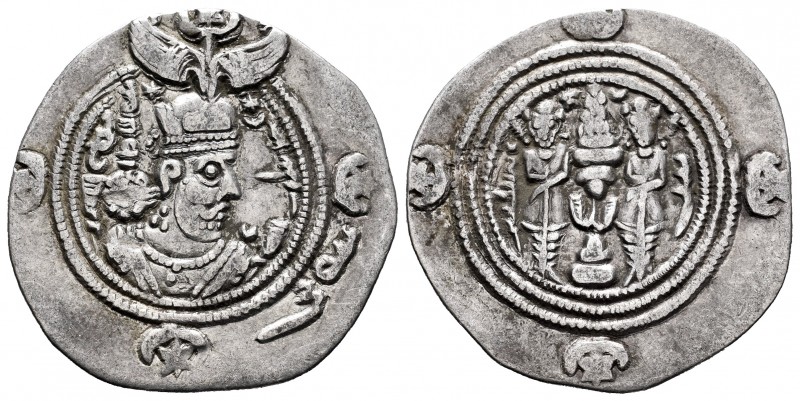 Sassanid Empire. Khusru II. Drachm. Year 14. AY (Susa). (Göbl-II/3). Ag. 3,51 g....