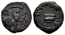 Judaea. Pontius Pilate. Prutah. RY 16 = 29. Jerusalem. Struck under Tiberius. (TJC-331). (Hendin-1341). (RPC-4967). Anv.: CE. IOYΛIA KAICAPOC, three b...