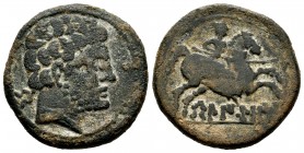 Belikio. Unit. 120-20 BC. Belchite (Zaragoza). (Abh-243). (Acip-1433). (C-4). Anv.: Bearded head on the right, behind it Iberian lettering BE. Rev.: H...