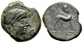 Kastilo-Castulo. Unit. 180 BC. Cazlona (Jaén). (Abh-702). (Acip-2136). Anv.: Male head to right, front crescent. Rev.: Sphinx on the right, star in fr...